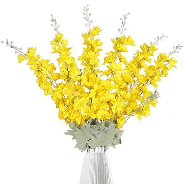 Imagem de IPOPU Flores Artificiais Delphinium, Amarelas, 6 Peças, Espora De Seda, Haste Longa 33,5 Pol. Para Arranjos Decoração Casa, Casamento E Escritório (Amarelo)