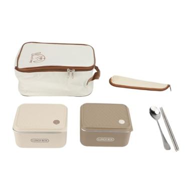 Imagem de 2pcs Isolados Lanche de Lancheira Em Aço Inoxidável 600 Ml Com Pauzinhos Colher Bolsa de Colher Chaqui Bege Provenção de Derramamentos de Microondas Seguro para o Escritório da