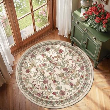 Imagem de jinchan Tapete redondo floral de 1,2 m, lavável, vintage, macio, antiderrapante, vermelho, verde, 1,2 m, tapete circular, para entrada, sala de estar, sala de jantar, quarto, casa, escritório
