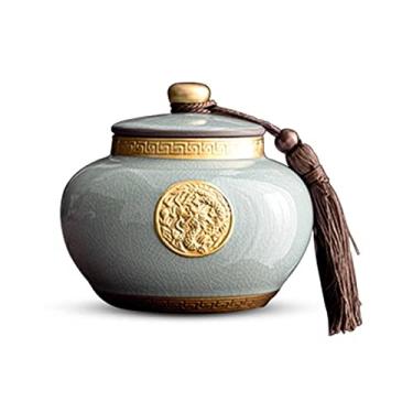 Imagem de Lata de chá Recipientes de armazenamento de chá de cerâmica estilo chinês vintage com padrão dourado e decoração de borla, frasco de chá folhas de chá selando lata de armazenamento para chocolate, açú