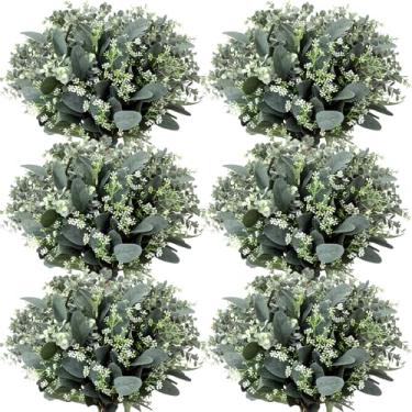 Imagem de Janinka Folhas mistas de eucalipto, caules a granel com sementes brancas, folhas artificiais prateadas, folhas de dólar, sprays ovais falsos para guirlandas, buquês florais, arranjos de decoração de