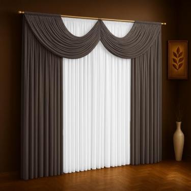 Imagem de Cortina Paris Com Bandô Para Sala, Quarto 3,00 m x 2,70 m Malha Gel (Cinza com Branco)