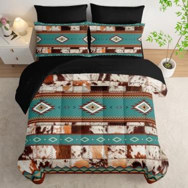 Imagem de AILONEN Jogo de edredom Queen com estampa étnica de couro bovino, cama macia de 7 peças em uma bolsa, edredom de pele de vaca ocidental e lençol de cima, 2 fronhas, 2 fronhas para quarto