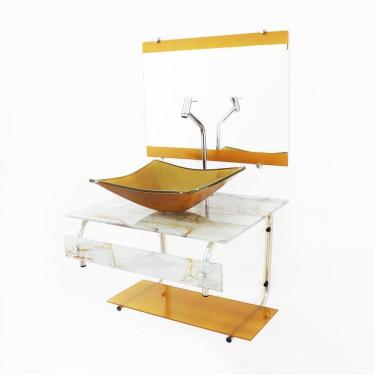 Imagem de Gabinete Vidro 60Cm Cuba Retangular Mármore Branco Dourado
