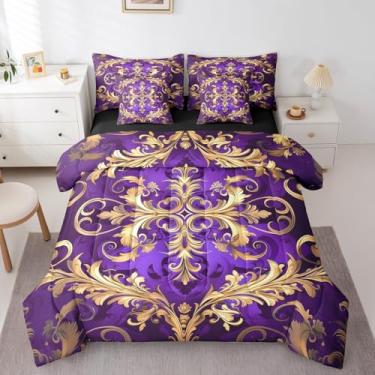 Imagem de Erosebridal Conjunto de edredom damasco casal de microfibra, flor asteca, vintage, 7 peças, boêmio exótico, paisley, para quarto, moderno, barroco vitoriano, hippie, conjunto de lençol com elástico