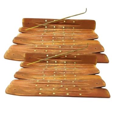 Imagem de 12 Incensários Porta Incenso Madeira Metal Canaleta Régua