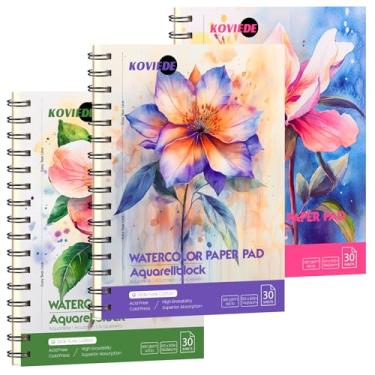 Imagem de KOVIEDE Bloco de papel aquarela 100% algodão – Pacote com 3 (90 folhas) 14 x 21,6 cm, prensa a frio, 63,5 kg/300 g/m², caderno de desenho em aquarela com qualidade de artista para adultos, crianças e