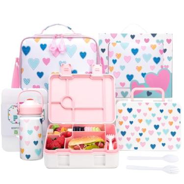 Imagem de Lancheira infantil Bento com 6 compartimentos para meninas com lancheira, garrafa de água de aço inoxidável, conjunto de gelo e utensílios, presentes de aniversário para meninas de 3 a 12 anos de