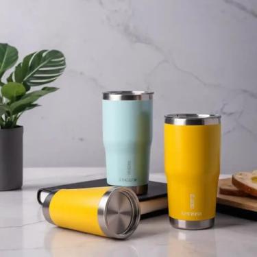 Imagem de Copo Térmico Parede Dupla em Aço Inox Amarela 350ml com Alça Ergonômica - Estilo Casual