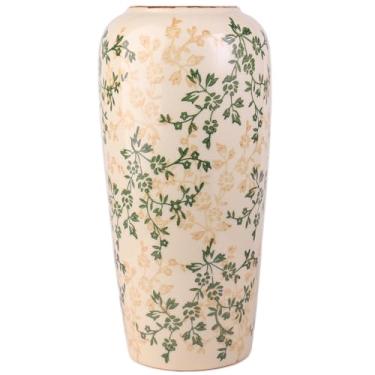 Imagem de ZHIPINHUI Vaso grande de cerâmica pintado à mão de 29 cm – botânicos verdes e florais amarelos, esmalte rachado e borda de pátina antiga, arte inspirada na China