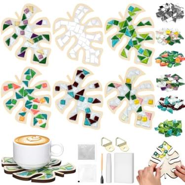 Imagem de Honeydak 6 conjuntos de mosaicos de vidro de folhas DIY com 6 conjuntos de porta-copos de madeira para fabricação de mosaicos artesanais, kit de vitrais mistos para presentes coloridos feitos à mão