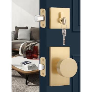 Imagem de Fechaduras de porta de entrada com fecho, pacote com 3 maçanetas internas, maçaneta dourada com fechadura única, maçaneta de porta de entrada com chave, universal para portas com maçaneta esquerda