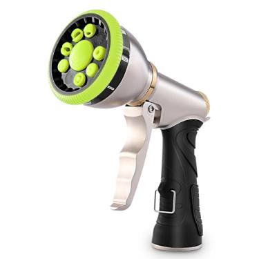 Imagem de NOMISURIT Bocal de mangueira de jardim com 9 padrões de pulverização ajustáveis, bocal de mangueira de água 100% metal resistente, pulverizador de mangueira manual de alta pressão com aderência de