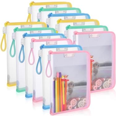 Imagem de Fuyoooo Pacote com 12 sacos de arquivo de malha com zíper e alça Pastas de arquivo transparentes A4 à prova d'água bolsas organizadoras para documentos com grampo de clipes de metal concha para