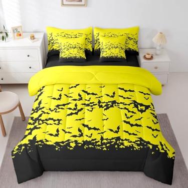 Imagem de Erosebridal Jogo de edredom solteiro, decoração de Halloween, morcegos pretos e amarelos, animais selvagens, com lençol de cima e lençol com elástico para crianças, meninos e meninas, conjunto de cama