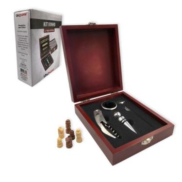 Imagem de Kit 2 em 1 Abridor de Vinho Caixa de Madeira com Jogo de Xadrez Presen