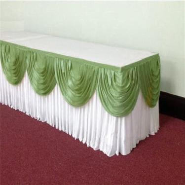 Imagem de Saia de mesa de seda prateada de 3 metros, inclui cortina, toalha de mesa para banquete, saia para festa de casamento, decoração para eventos, branca e verde-sálvia, 5,1 m de comprimento