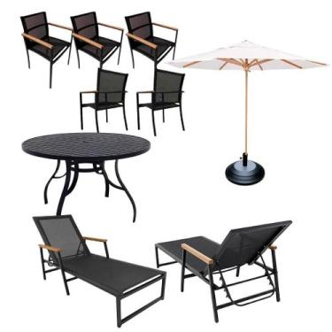 Imagem de Kit Amélia Mesa Ripada 1,20m + 5 Poltronas + 2 Espreguiçadeiras Piscin