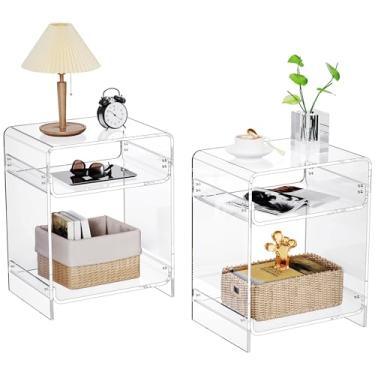 Imagem de Mesa de canto de acrílico com prateleira de armazenamento, mesa lateral transparente (conjunto de 2)