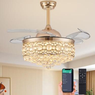 Imagem de YOLIZUOT Lustre dourado regulável de 48 polegadas, ventiladores de teto de cristal com luzes e controle remoto, lâmina retrátil invisível, lustre ventilador de teto para quarto, sala de estar, sala de