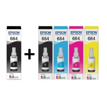 Imagem de Kit com 5 refil epson 664 original (2 pretos e 1 de cada colorido) 70m