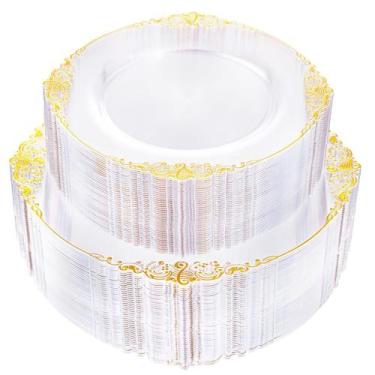 Imagem de Pratos de plástico Joyido Clear Gold Rim 102 unidades para festa de ca