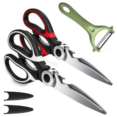 Imagem de 2 tesouras de cozinha com descascador – aço inoxidável resistente, tesoura multiuso ultra afiada de cozinha para carne, aves, legumes, frutas, ervas, pizza – pega ergonômica, pode ser lavada na