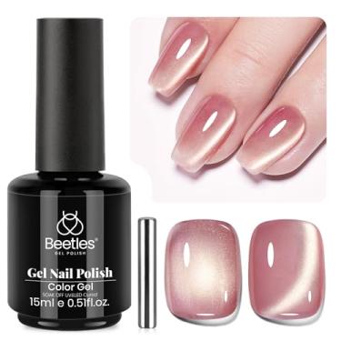 Imagem de Esmalte de gel Beetles Pink Cat Eye – 15 ml olho de gato de vidro rosa pêssego com pó dourado, esmalte de gel magnético, imersão UV, salão de beleza faça-você-mesmo, arte de unhas francesas, champanhe