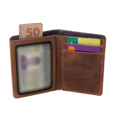 Imagem de Carteira Masculina Casual Slim Em Couro Para Cnh E Cartões Crazy Horse Caramelo