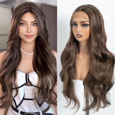 Imagem de NOBLE Peruca Highlights T-Part Lace Front Wigs com cabelo de bebê Perucas longas onduladas para mulheres 71 cm aparência natural parte média peruca ondulada peruca de fibra sintética resistente ao