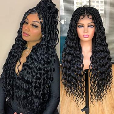 Imagem de Annivia Perucas trançadas pretas cheias de renda sintética para mulheres negras Goddess Faux Locs Crochet perucas com cabelo de bebê macio sem nós Dreadlock peruca de renda sintética torcida com