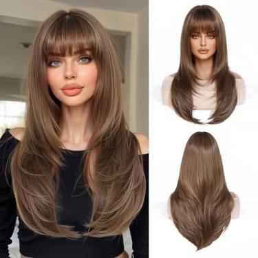 Imagem de Esmee Peruca longa lisa com franja de cabelo castanho claro em camadas para mulheres, respirável, confortável, natural, realista, feminina, perucas de festa, uso de 61 cm