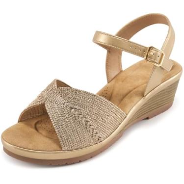 Imagem de HARENCE Sandálias femininas estilosas: confortável bico aberto plataforma baixa plataforma sandália casual verão casamento sapatos, Champanhe, 39