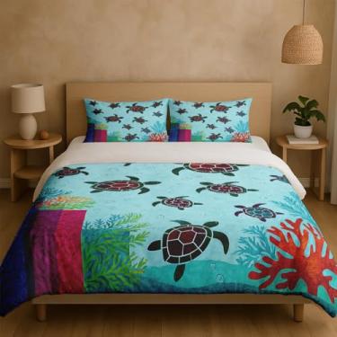 Imagem de Jogo de cama de tartaruga marinha, 3 peças, tema oceano, capa de edredom com fronhas, recifes de corais coloridos e vida marinha, para crianças, adolescentes e adultos, capa de edredom leve e macia