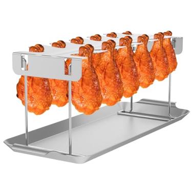 Imagem de KHZSPP Suporte de perna de frango para churrasqueira, 12 compartimentos, de aço inoxidável, suporte de asa de frango com bandeja de gotejamento, suporte dobrável para coxas de frango, lavável na