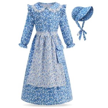 Imagem de Vestido floral pioneiro da pradaria para meninas, fantasia colonial vitoriana para crianças, azul, roupa chique para o Dia Mundial do Livro Carnaval