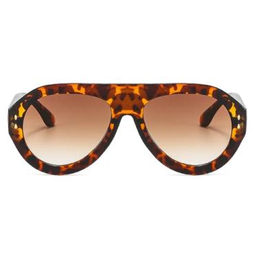 Imagem de mincl Óculos De Sol Piloto Da Moda Popular, Femininos Com Armação Uv400 Retrô, Rebites, Decoração Em Degradê, Tendência Masculina, Redondos (Leopardo)