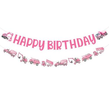 Imagem de Decorações de aniversário de construção para meninas, tema de construção rosa, faixa de feliz aniversário, guirlanda, caminhão, decoração pendurada, escavadeira, veículo de engenharia, caminhão