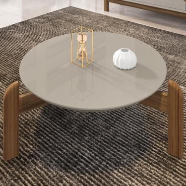 Imagem de Mesa de Centro Sala Lizz Redonda com Pés em Madeira Maciça (Off White/Cedro)