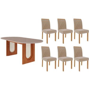 Imagem de Conjunto: Mesa de Cozinha Valentina Tampo Madeirado Oval c/ Vidro 210x100cm e 6 Cadeiras Juliana Cinamomo/Off White - Carvalho/Suede Nude Bege - Cimol
