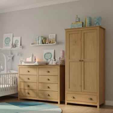 Imagem de Conjunto Infantil Guarda-Roupa 2 Portas e Cômoda 8 Gavetas 100% Madeira Maciça - Topázio  Finestra Freijó