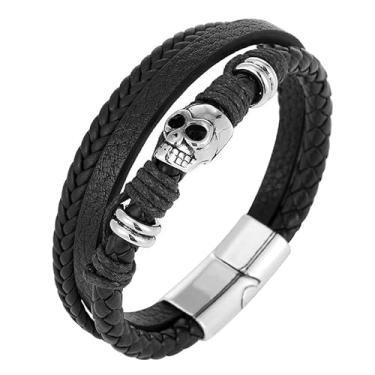 Imagem de Rockyu Pulseira masculina de caveira com fecho de aço inoxidável de 52 mm/2,05" com couro sintético de fibra preta e design com contas para um estilo casual ousado
