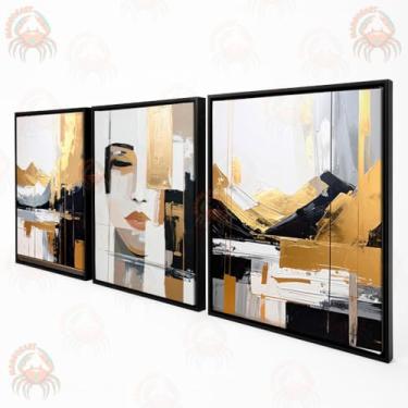 Imagem de Trio Quadro Abstrato Horizonte Dourado – Rosto de Mulher em Tela Moderna (105x50cm, moldura preta)