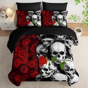 Imagem de Tuzaovy Conjunto de edredom de caveira preta, 7 peças, cama king size em uma bolsa, roupa de cama gótica para decoração de quarto, edredom ocidental macio boho hippie com lençol de cima, lençol de