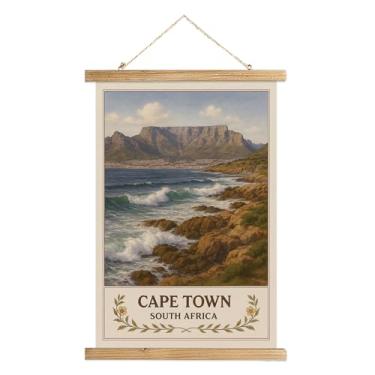 Imagem de Pôster de arte de parede da Cidade do Cabo na África do Sul, impressão vintage de viagem com mesa de montanha e litoral, tela de linho com moldura de madeira, decoração de cidade exótica para quarto