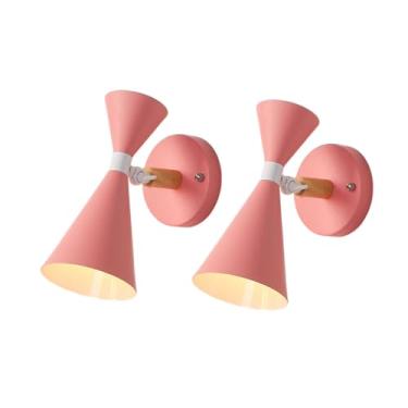 Imagem de Pacote com 2 arandelas modernas, luminária de parede para quarto infantil, cor macaron, luminária de cabeceira nórdica de madeira maciça, luz de leitura giratória em 350°, arandelas de metal