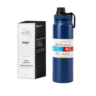 Imagem de Garrafa de Água Térmica Inox 800ml Esportiva com Alça Parede Dupla Isolada a Vácuo Antivazamento Garrafinha Academia Fitness Corrida Esportes Escritório Aço Inox (Preto) (Azul)