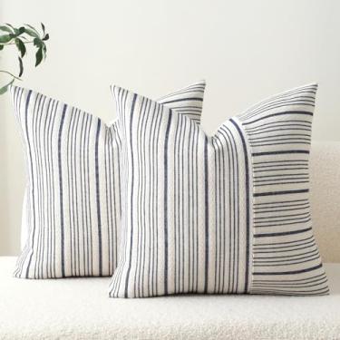 Imagem de DWR Conjunto de 2 capas de almofada 3D texturizadas listradas, 45,7 x 45,7 cm, mistura de poliéster e algodão em azul-marinho, fronhas decorativas de fazenda moderna para sofá, cama, sala de estar