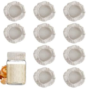 Imagem de XLIUAX 10 peças de pano de cobertura de pote de fermento para iniciantes, capas de tecido de algodão reutilizáveis, tampas de tecido para iniciantes de fermento respirável, serve para frascos de
