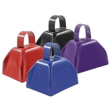 Imagem de Litoexpe 4 Pack 3 Inch Metal Cowbells Loud Noise Makers Ideal Hand Percussion Cowbells for Football Games, Parties, and Team Spirit(Black+Blue+Purple+Red)